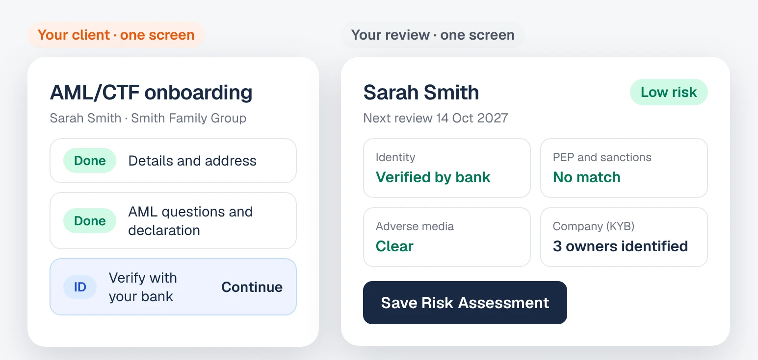 AML/CTF onboarding: one screen for the client, one for the accountant