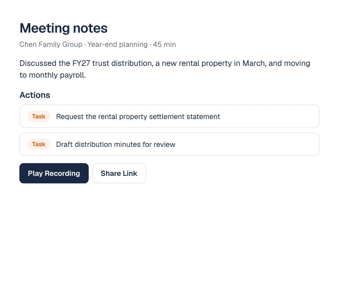 Meeting notes with a summary and actions, filed on the client with the recording