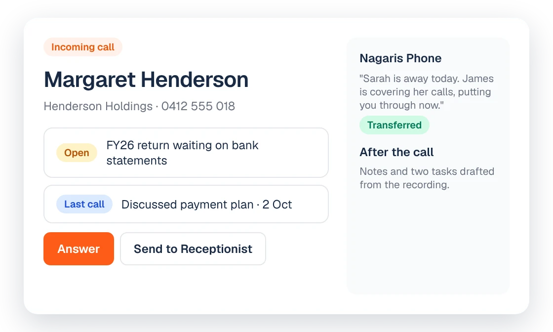 An incoming call with the client's file on screen and call notes drafted after the call