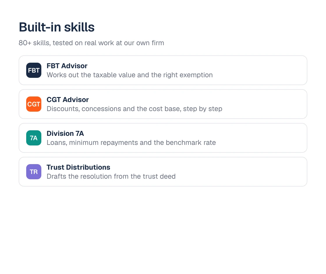 Built-in skills in Ask Nagaris, including FBT Advisor, CGT Advisor, Division 7A and Trust Distributions